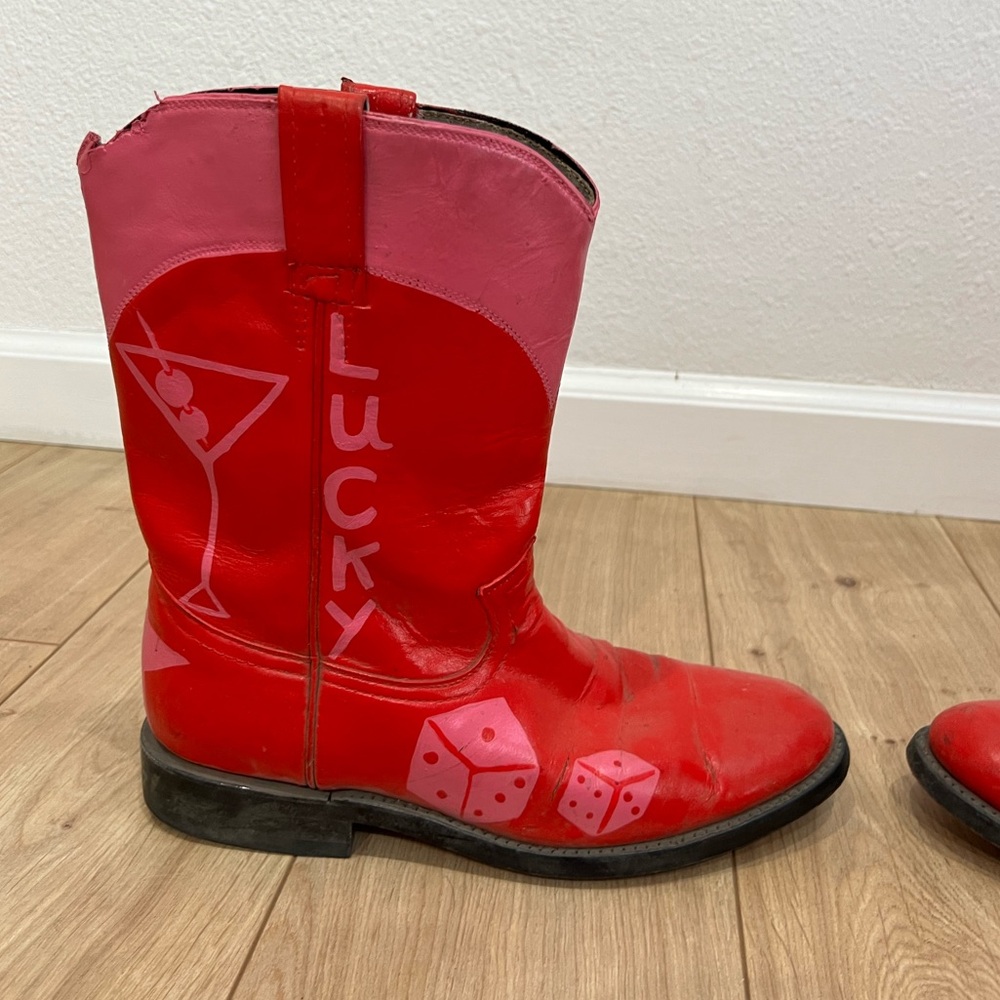 Red & Pink Justin Style Vintage Cowboy Boots | Hand Painted